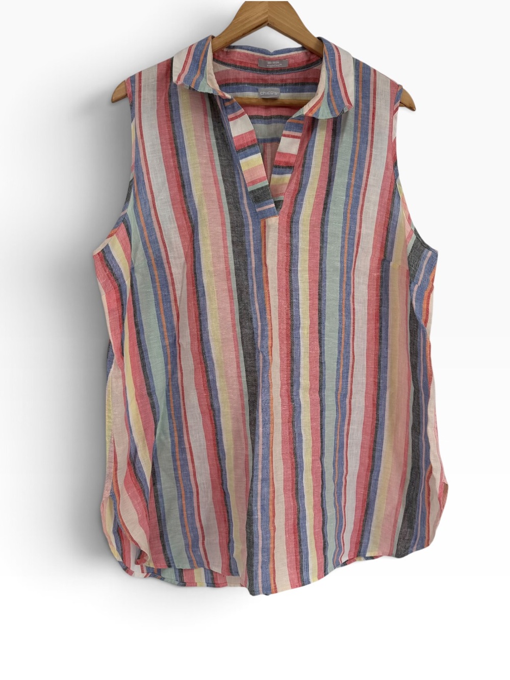 Chico's Striped Linen Sleeveless Collared Blouse Tunic Size 3 (XL) No-iron Top